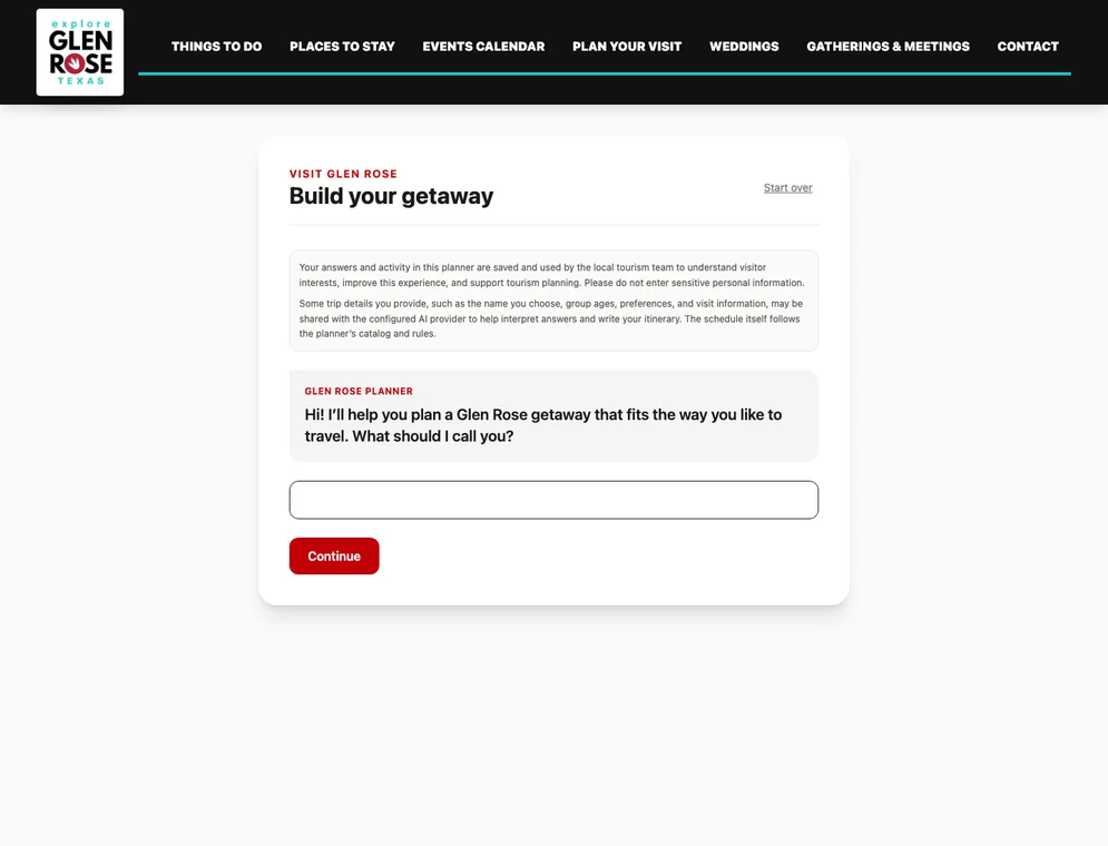 Screenshot of the Explore Glen Rose itinerary builder powered by VisitLion.