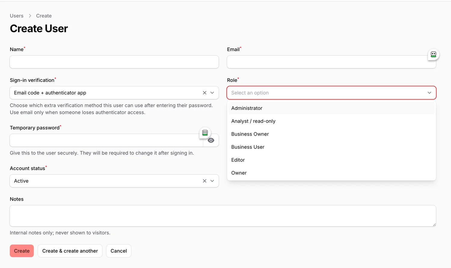 VisitLion user management screen showing administrator, analyst, business owner, business user, editor, and owner roles.